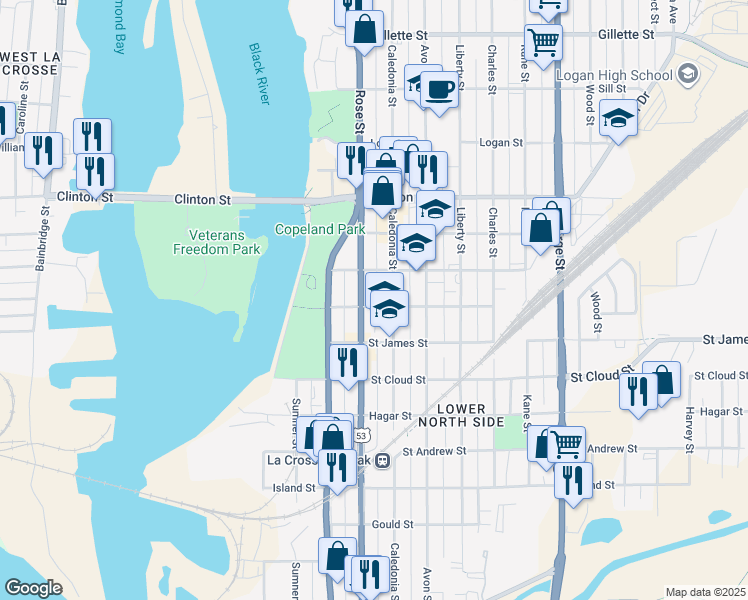 map of restaurants, bars, coffee shops, grocery stores, and more near 929 Rose Street in La Crosse