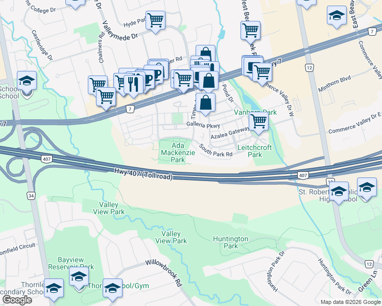 map of restaurants, bars, coffee shops, grocery stores, and more near 253 South Park Road in Markham
