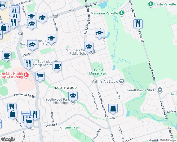 map of restaurants, bars, coffee shops, grocery stores, and more near 65 Taylor Road in Ajax