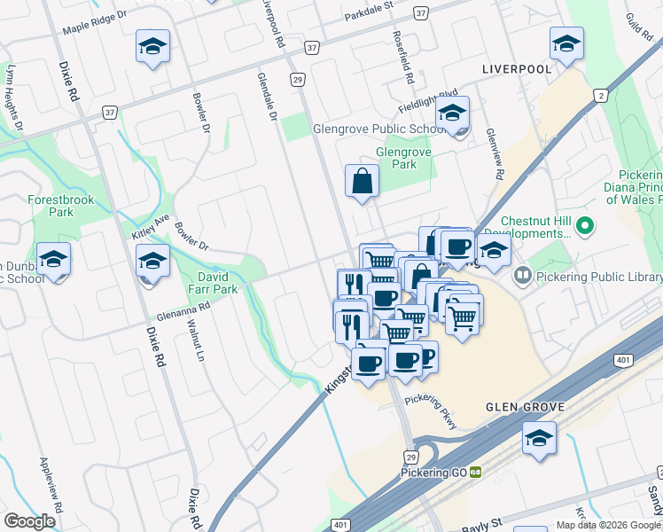 map of restaurants, bars, coffee shops, grocery stores, and more near 1299 Glenanna Road in Pickering