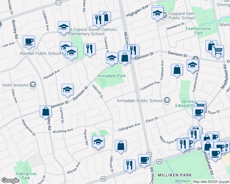 map of restaurants, bars, coffee shops, grocery stores, and more near 17 Kenborough Court in Markham