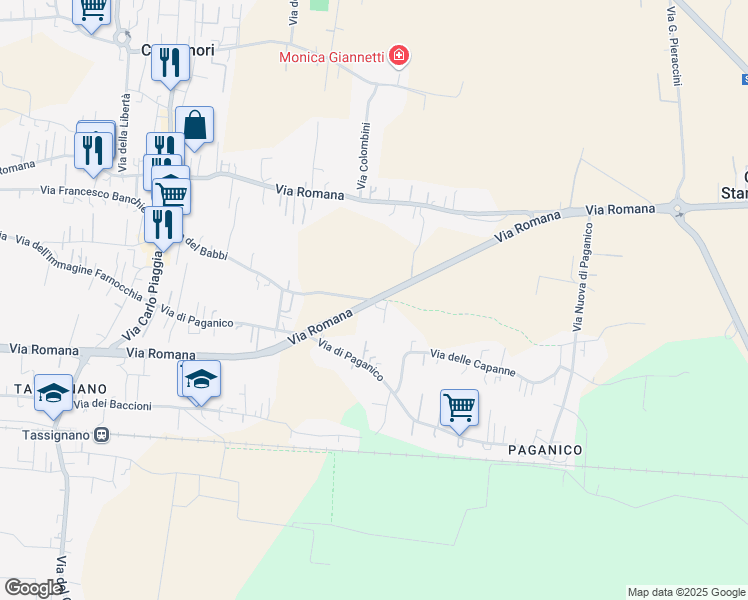 map of restaurants, bars, coffee shops, grocery stores, and more near Strada Provinciale Romana in Lucca