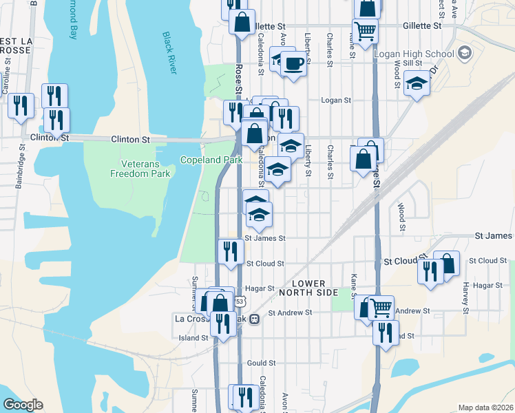 map of restaurants, bars, coffee shops, grocery stores, and more near 1007 Caledonia Street in La Crosse