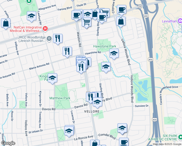 map of restaurants, bars, coffee shops, grocery stores, and more near 37 Daiseyfield Crescent in Vaughan