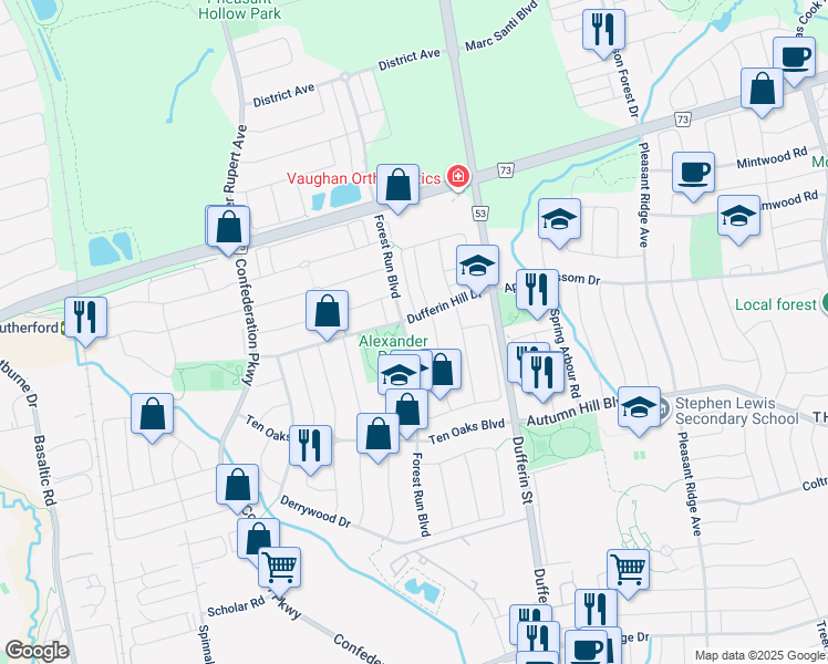 map of restaurants, bars, coffee shops, grocery stores, and more near 127 Forest Run Boulevard in Vaughan