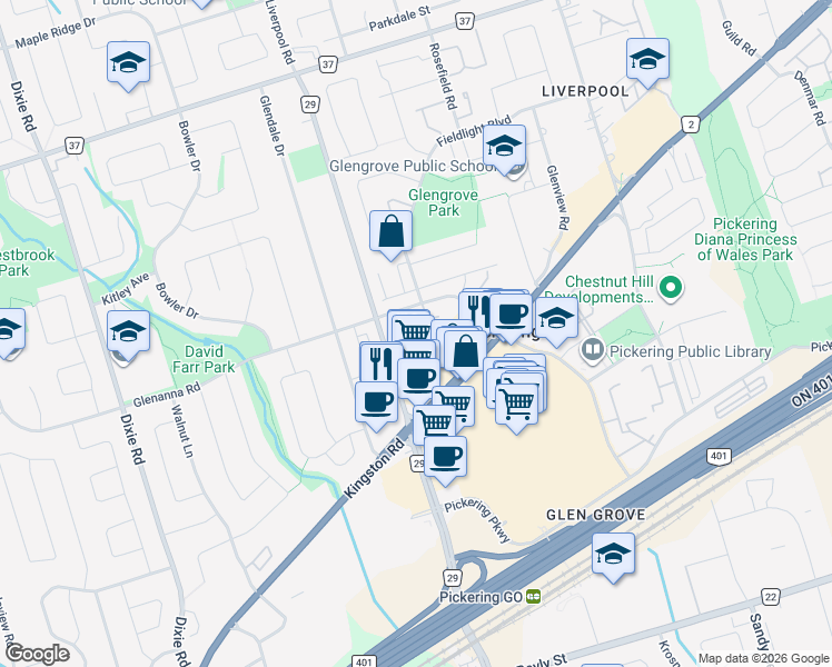map of restaurants, bars, coffee shops, grocery stores, and more near 1331 Glenanna Road in Pickering
