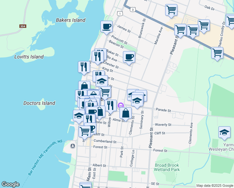 map of restaurants, bars, coffee shops, grocery stores, and more near 14 Ryerson Court in Yarmouth
