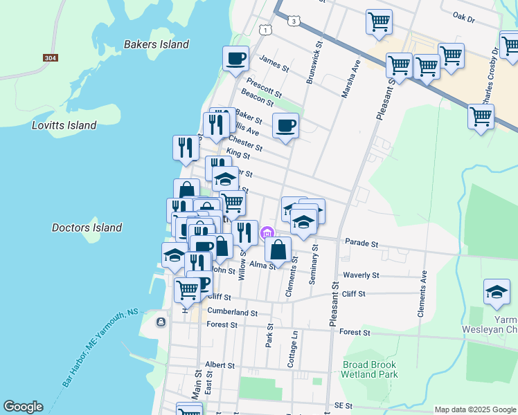 map of restaurants, bars, coffee shops, grocery stores, and more near 14 Ryerson Court in Yarmouth