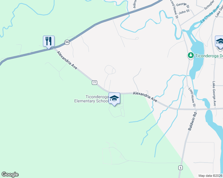 map of restaurants, bars, coffee shops, grocery stores, and more near 2-18 Mountain View Drive in Ticonderoga