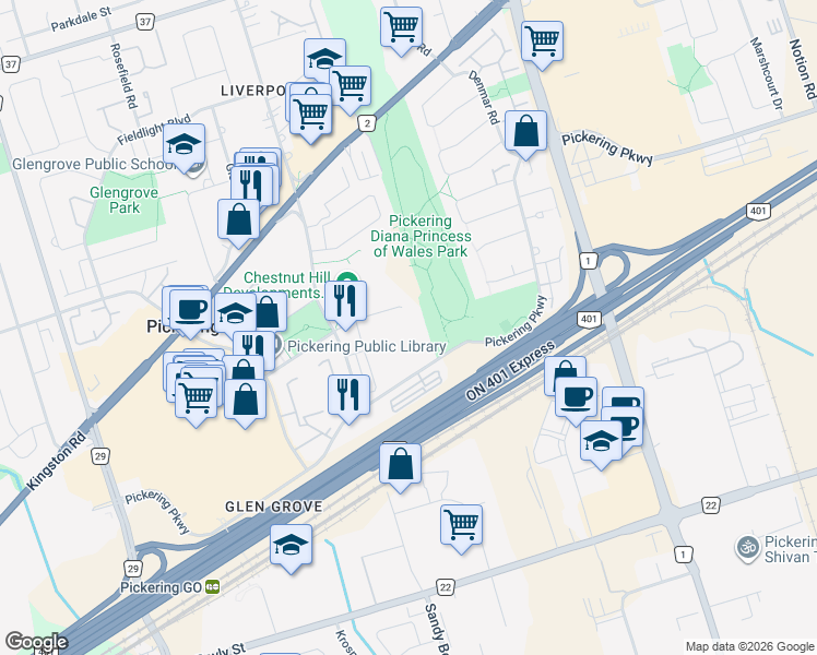 map of restaurants, bars, coffee shops, grocery stores, and more near 1535 Diefenbaker Court in Pickering