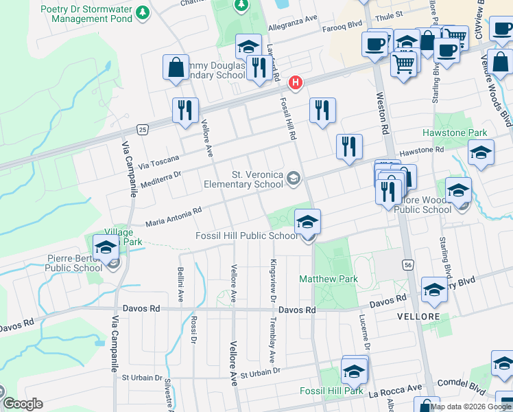 map of restaurants, bars, coffee shops, grocery stores, and more near 176 Kingsview Drive in Vaughan