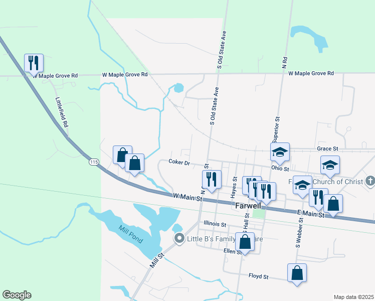 map of restaurants, bars, coffee shops, grocery stores, and more near 255 Pine Tree Drive in Farwell