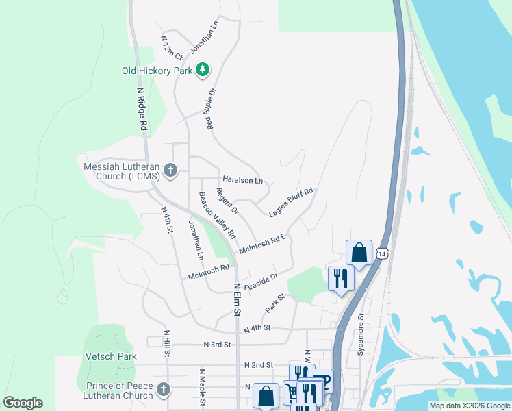 map of restaurants, bars, coffee shops, grocery stores, and more near 199 Eagles Bluff Road in La Crescent