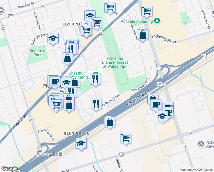 map of restaurants, bars, coffee shops, grocery stores, and more near 1525 Diefenbaker Court in Pickering
