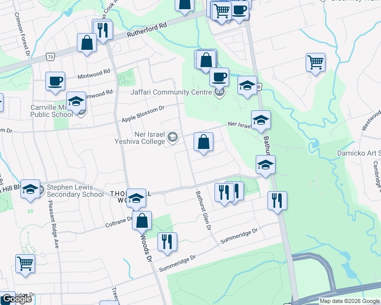 map of restaurants, bars, coffee shops, grocery stores, and more near 54 Strauss Road in Vaughan