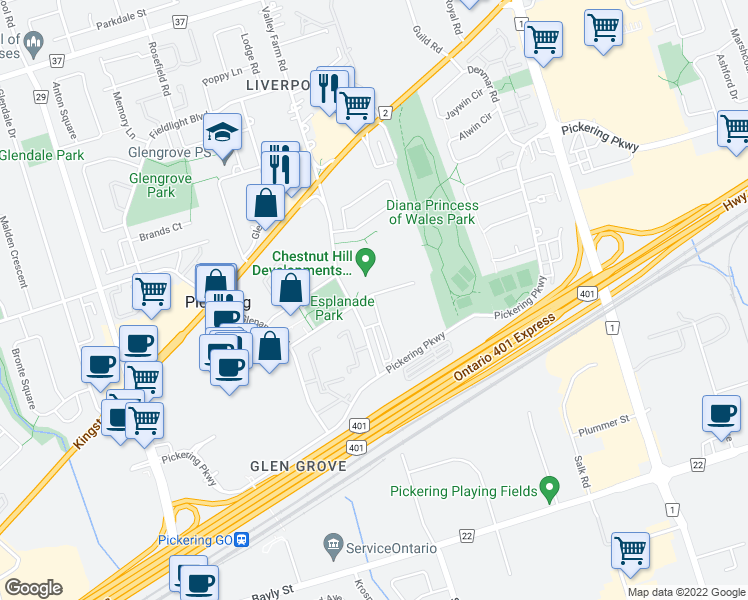 map of restaurants, bars, coffee shops, grocery stores, and more near 1867 Valley Farm Road in Pickering