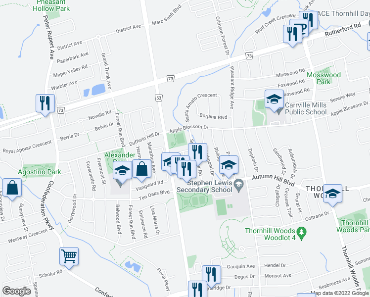 map of restaurants, bars, coffee shops, grocery stores, and more near 103 Westolivia Trail in Vaughan