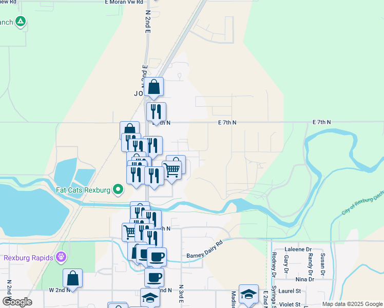 map of restaurants, bars, coffee shops, grocery stores, and more near 236 Lorene Street in Rexburg