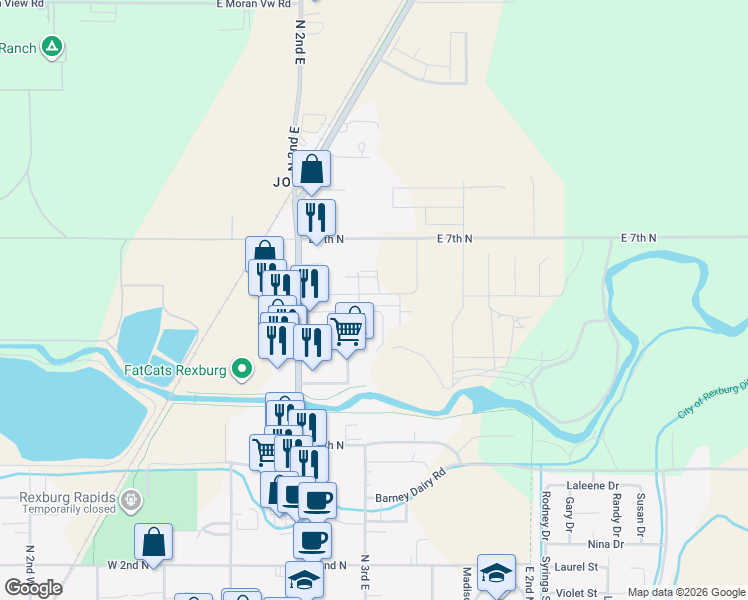 map of restaurants, bars, coffee shops, grocery stores, and more near 258 Lorene Street in Rexburg