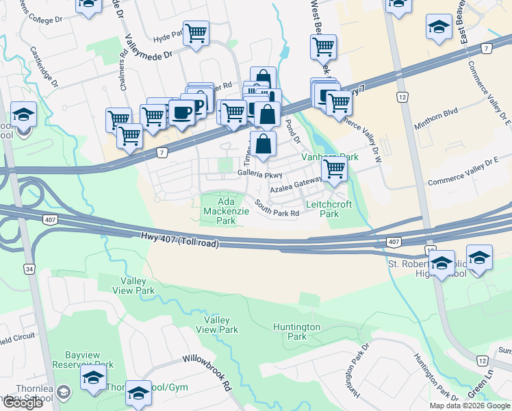 map of restaurants, bars, coffee shops, grocery stores, and more near 227 South Park Road in Markham