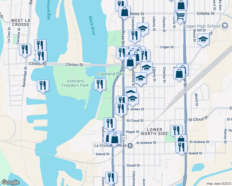 map of restaurants, bars, coffee shops, grocery stores, and more near 508 Windsor Street in La Crosse