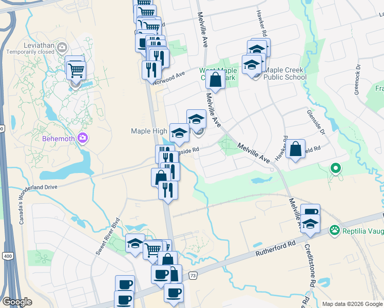 map of restaurants, bars, coffee shops, grocery stores, and more near 181 Parktree Drive in Vaughan