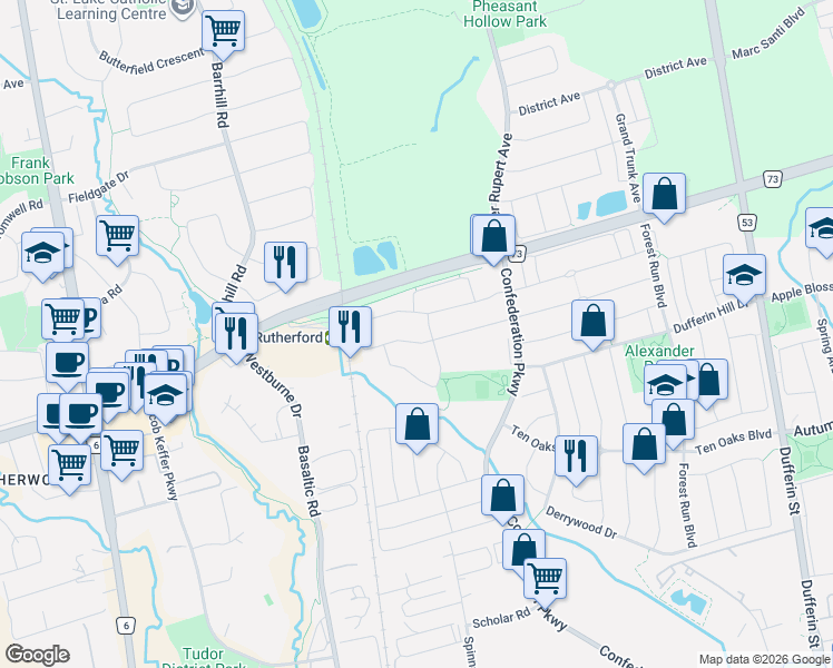 map of restaurants, bars, coffee shops, grocery stores, and more near 239 Royal Appian Crescent in Vaughan