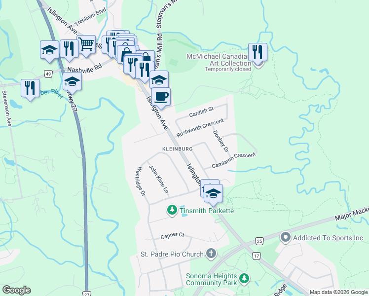 map of restaurants, bars, coffee shops, grocery stores, and more near 106 Donhill Crescent in Vaughan