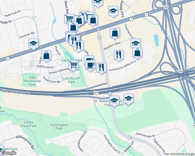 map of restaurants, bars, coffee shops, grocery stores, and more near 125 Commerce Valley Drive West in Markham