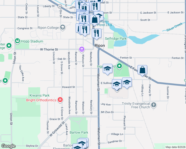 map of restaurants, bars, coffee shops, grocery stores, and more near 610 Newbury Street in Ripon