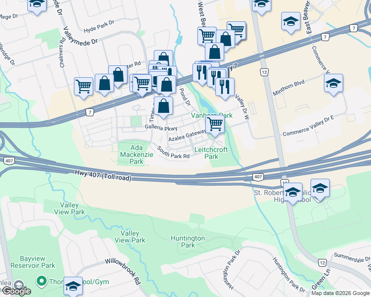 map of restaurants, bars, coffee shops, grocery stores, and more near 52 Leitchcroft Crescent in Markham