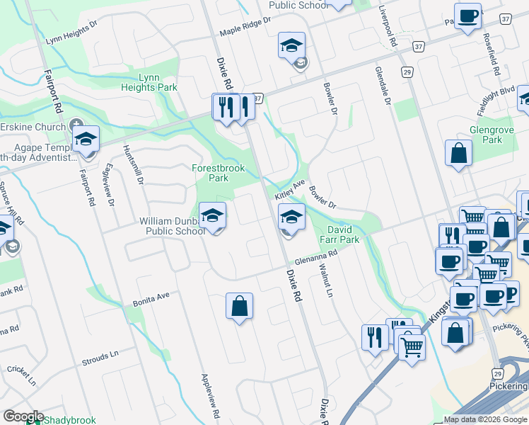 map of restaurants, bars, coffee shops, grocery stores, and more near 1898 Pinecreek Court in Pickering