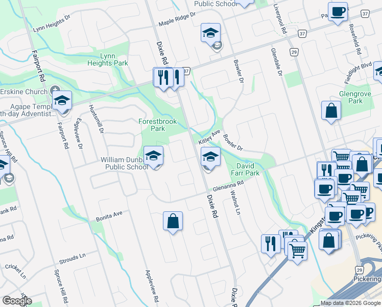 map of restaurants, bars, coffee shops, grocery stores, and more near 1778 Silverthorn Square in Pickering