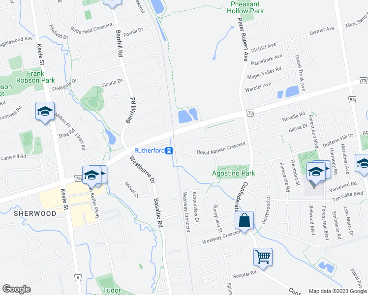 map of restaurants, bars, coffee shops, grocery stores, and more near 151 Royal Appian Crescent in Vaughan
