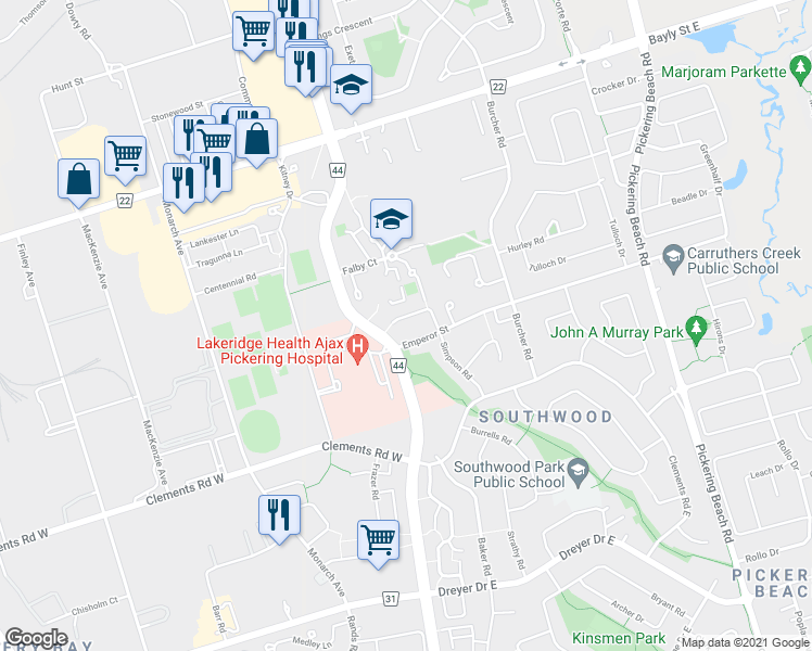map of restaurants, bars, coffee shops, grocery stores, and more near 15 Plumridge Court in Ajax