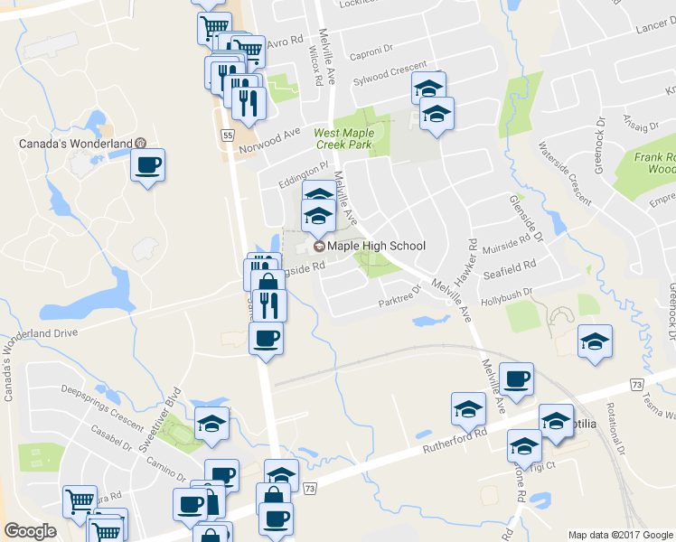 map of restaurants, bars, coffee shops, grocery stores, and more near 20 Lucena Crescent in Vaughan