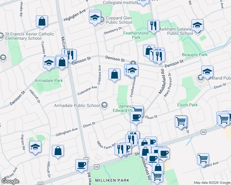 map of restaurants, bars, coffee shops, grocery stores, and more near 51 William Honey Crescent in Markham