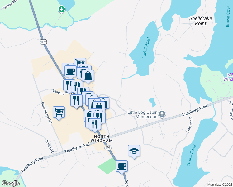 map of restaurants, bars, coffee shops, grocery stores, and more near 32 Sand Bar Road in Windham