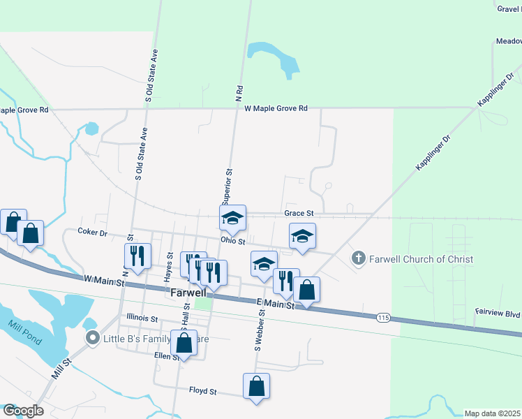 map of restaurants, bars, coffee shops, grocery stores, and more near 551 Grace Street in Farwell