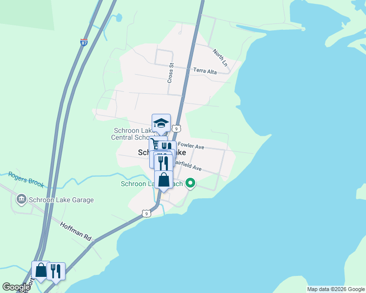 map of restaurants, bars, coffee shops, grocery stores, and more near 1132 U.S. 9 in Schroon Lake