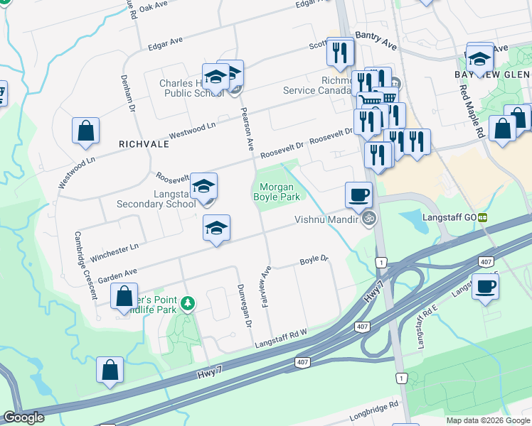 map of restaurants, bars, coffee shops, grocery stores, and more near 5 Pearson Avenue in Richmond Hill