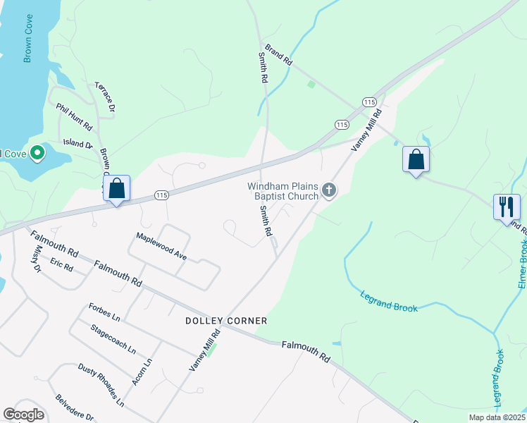 map of restaurants, bars, coffee shops, grocery stores, and more near 14 Smith Road in Windham