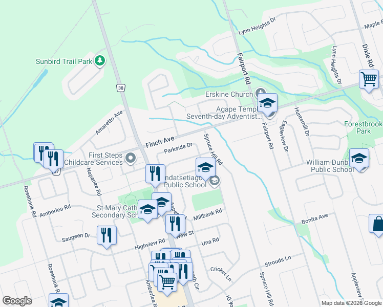 map of restaurants, bars, coffee shops, grocery stores, and more near 1916 Parkside Drive in Pickering