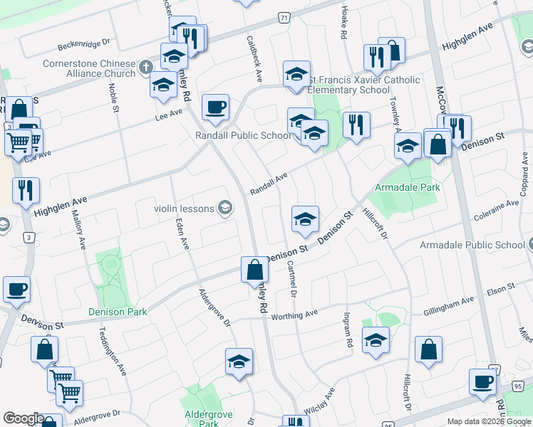 map of restaurants, bars, coffee shops, grocery stores, and more near 61 Sorrell Crescent in Markham