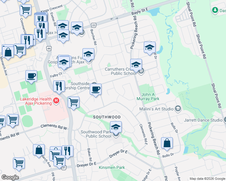 map of restaurants, bars, coffee shops, grocery stores, and more near in Ajax