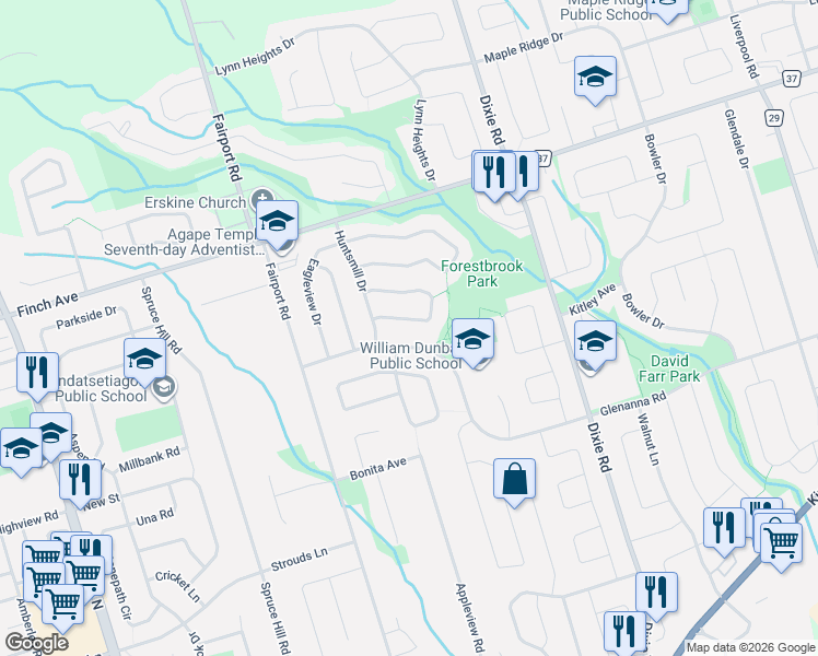 map of restaurants, bars, coffee shops, grocery stores, and more near 923 Redbird Crescent in Pickering