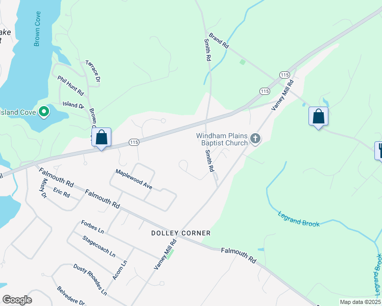 map of restaurants, bars, coffee shops, grocery stores, and more near 17 Baxter Woods Trail in Windham