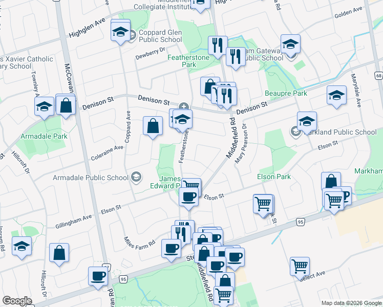 map of restaurants, bars, coffee shops, grocery stores, and more near 153 Cimmaron Street in Markham