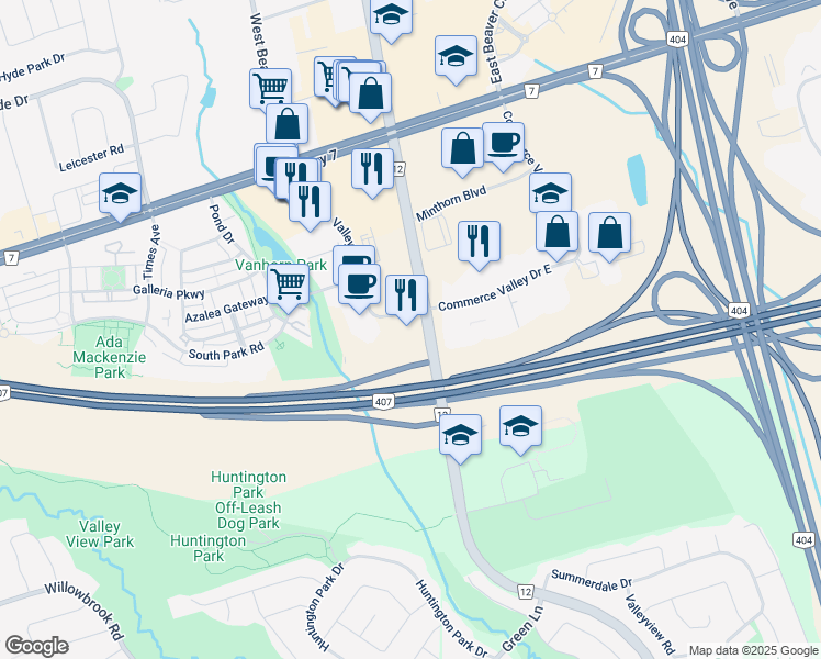 map of restaurants, bars, coffee shops, grocery stores, and more near 55 Commerce Valley Drive West in Markham