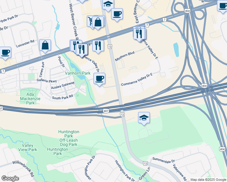 map of restaurants, bars, coffee shops, grocery stores, and more near 55 Commerce Valley Drive West in Markham